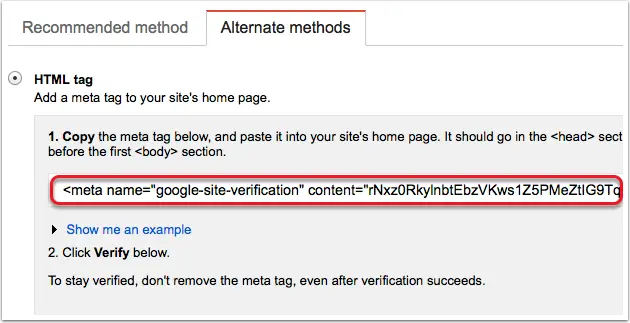 Copy Google Webmaster Meta tag