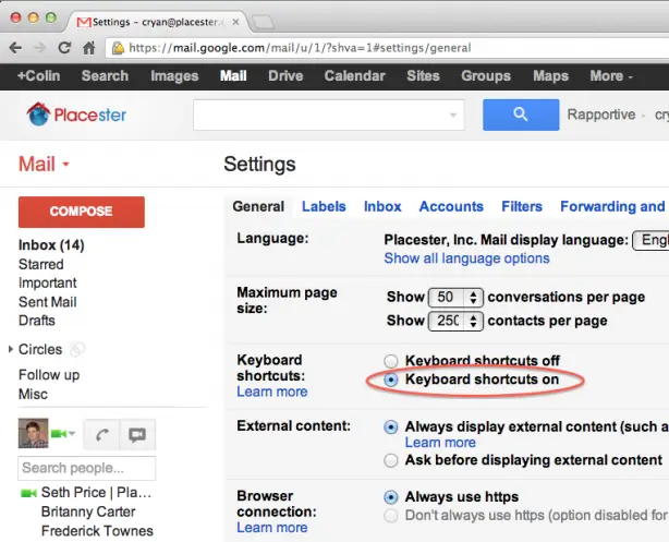 enabling keyboard shortcuts in gmail